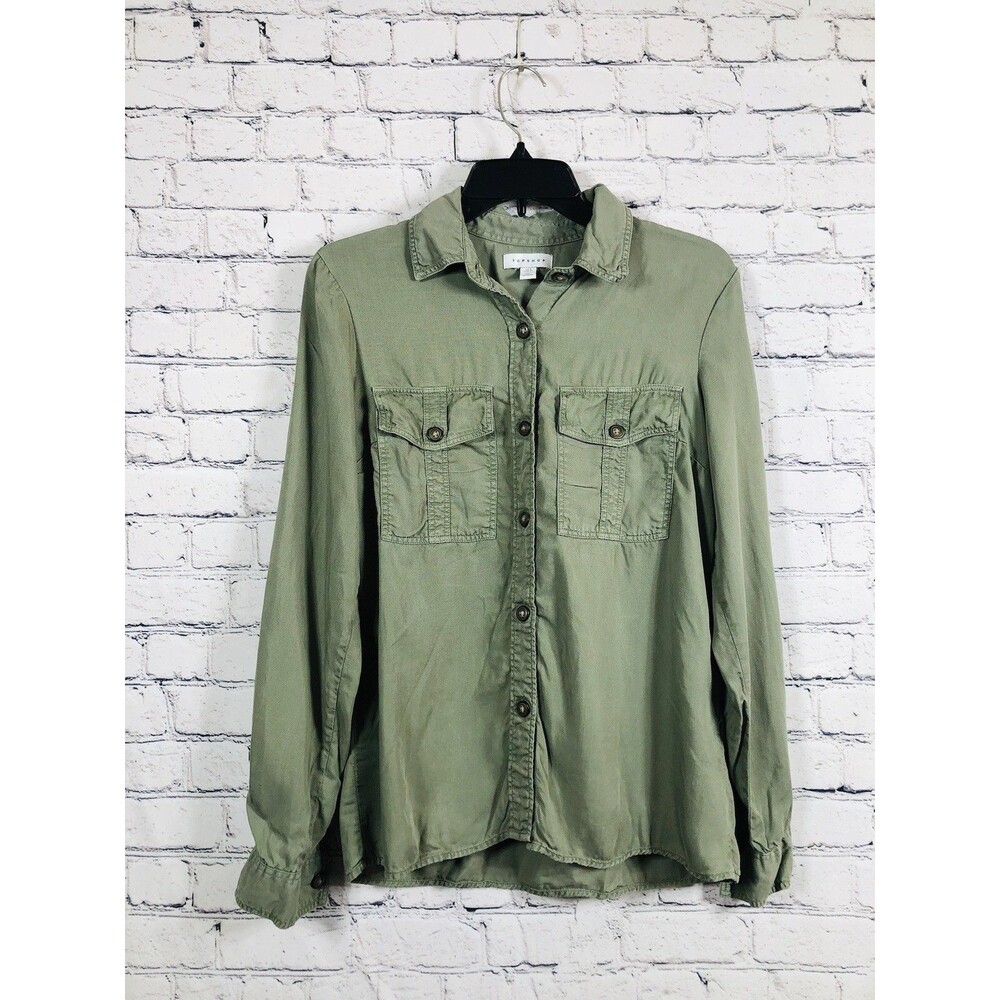 Topshop Women Utility Button Down Shirt Lyocell Olive Green US 4 UK 8